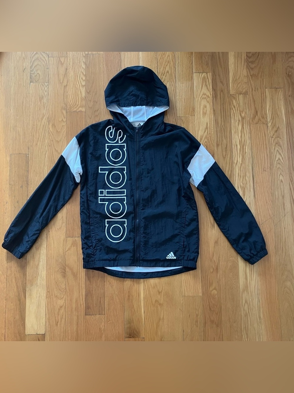adidas Black and White Kids Hooded Windbreaker